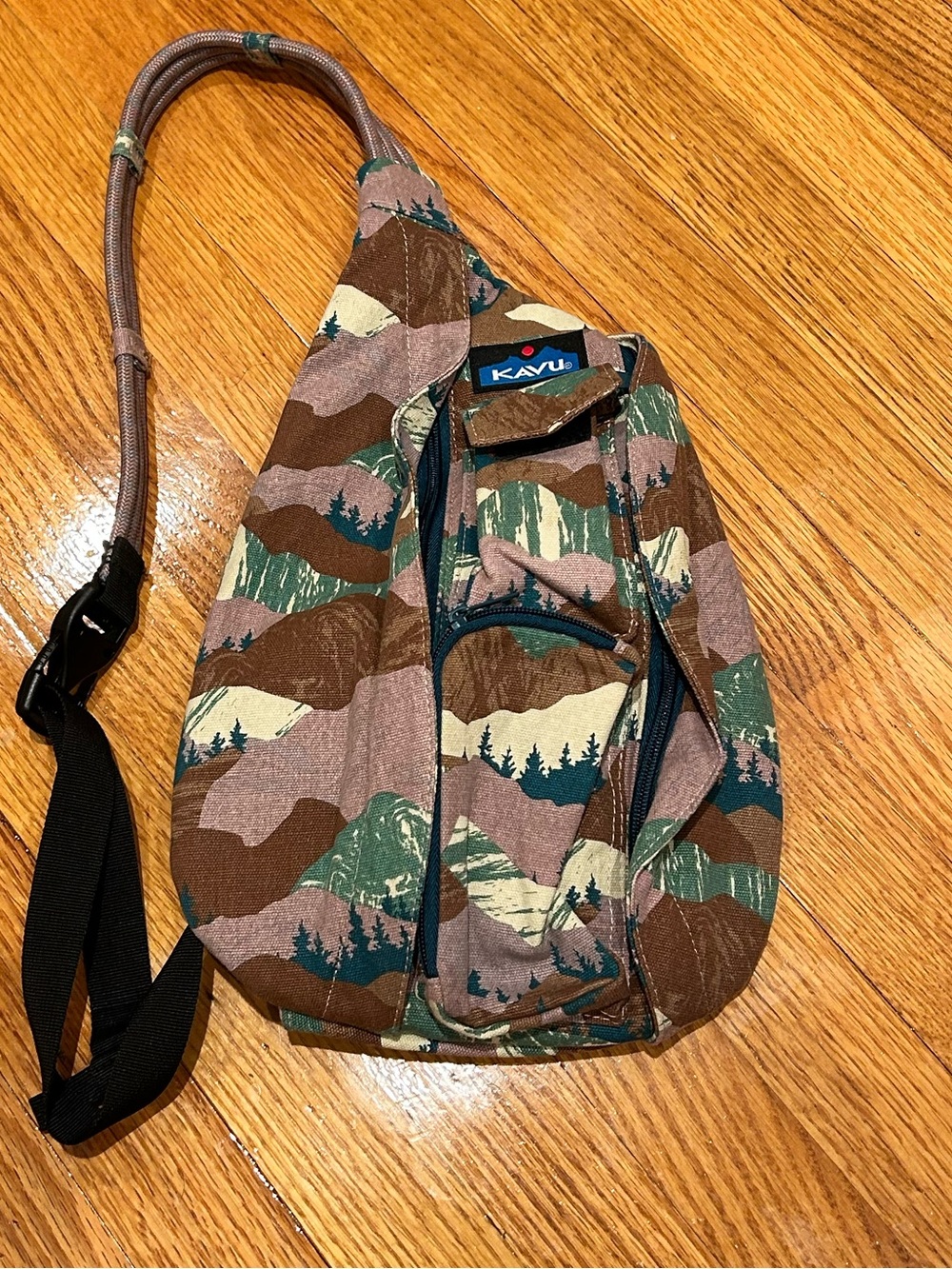 Kavu Mountain Print Sling Bag - Green, Brown, Tan